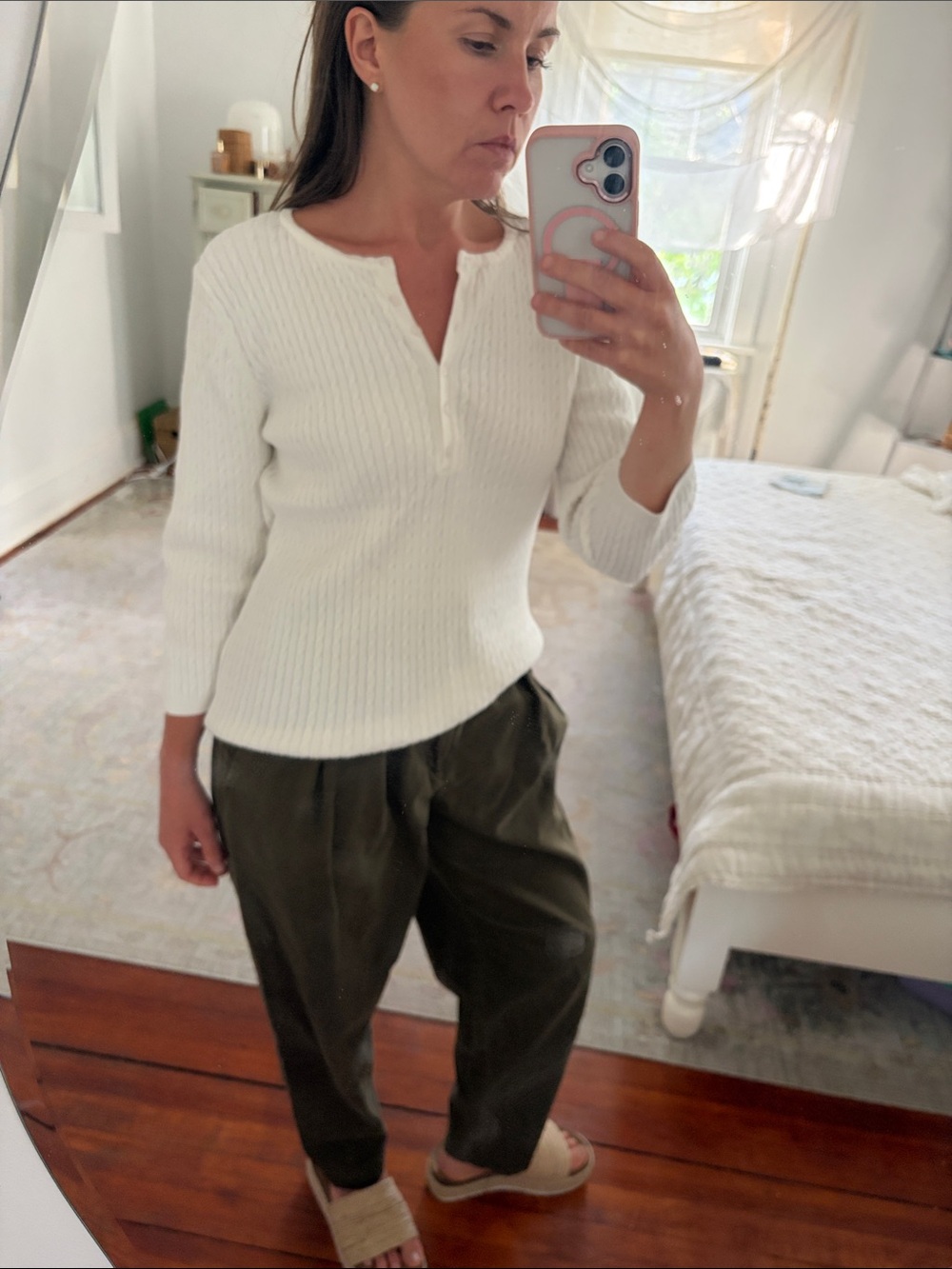 Cropped White Ribbed Henley Sweater